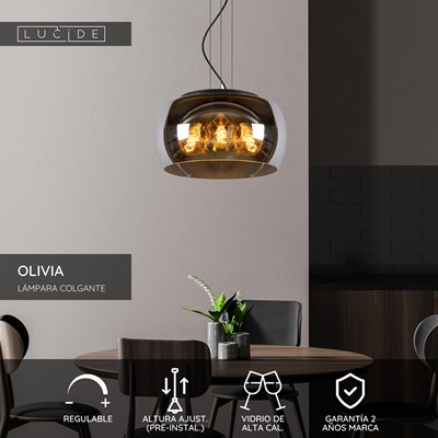 Lucide OLIVIA - Lámpara colgante - Ø 40 cm - 3xE27 - Ahumado